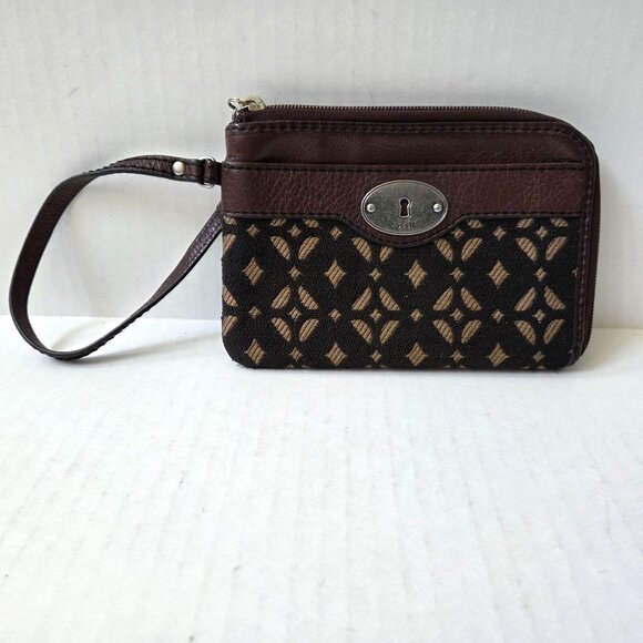 Fossil Wallet Brown Leather Black Tapestry Boho Maddox Wristlet - Picture 2 of 7